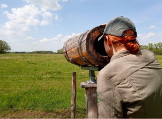 Eine mitarbeitende Person der Stiftung Naturschutz Thüringen schaut durch ein hölzernes Fernrohr auf eine Wiese.
