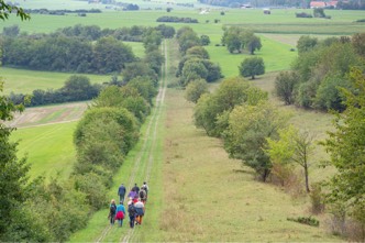Mehrere Personen wandern entlang eines Kolonnenwegs