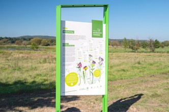 Eine Infotafel der Stiftung Naturschutz Thüringen mit dem Titel „Station 3: Bienenfleißig!“